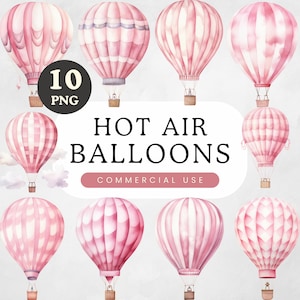 Balão de ar quente Clipart Rosa | Aquarela PNG, Decoração de chá de bebê, Arte de berçário, Licença comercial, Arte de parede fofa, Convites e decoração