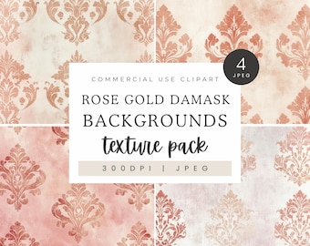 Damask Pattern Digital Paper, Rose Gold Shabby Chic Distressed Texture Patterns, Scrapbooking Paper Decoupage Ephemera, Fleur De Lis