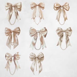 Bows and Pearls PNG, Neutral Coquette Bow with Pearls Clipart, Champagne Ribbon with Pearl Necklace Clip Art, Girly Coquette Aesthetics image 2