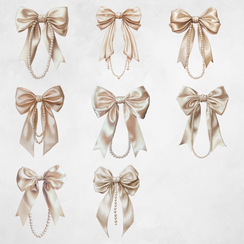 Bows and Pearls PNG, Neutral Coquette Bow with Pearls Clipart, Champagne Ribbon with Pearl Necklace Clip Art, Girly Coquette Aesthetics image 2