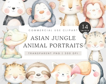 Asian Jungle Animals Watercolor Clipart, Cute Safari Animal PNG, Panda Tiger Sloth Monkey Leopard Nursery Art