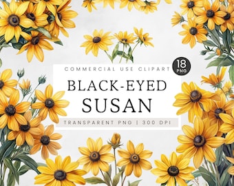 Susan de ojos negros PNG, clipart de flores silvestres amarillas, clip art de rudbeckia de ojos negros, flores de pradera norteamericana, bordes, coronas, ramos