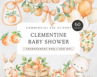 Clementine Baby Shower Clipart, Little Cutie Orange PNG, Citrus First Birthday, Gender Neutral Baby Shower