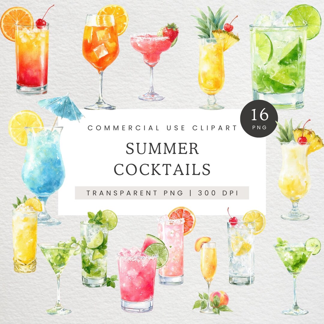 Summer Cocktail Clip Art, Summer Vacation Drink Clipart, Signature ...