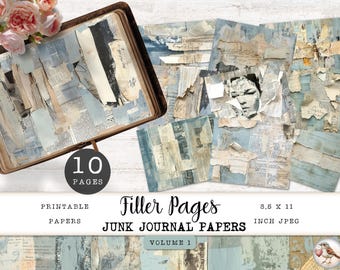 Filler Pages for Junk Journal, Dusty Blue Collage Papers, 10 Digital Texture Grunge Sheet, Vintage Newspaper Masterboard, 11 x 8.5 JJPFP