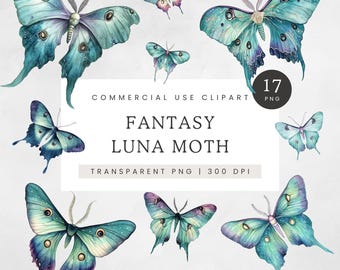 Teal and Purple Luna Moth Clipart, Vintage Moth Illustration, Watercolor Luna Moth PNG, Insect Clip Art, Boho Mystical Digital Design