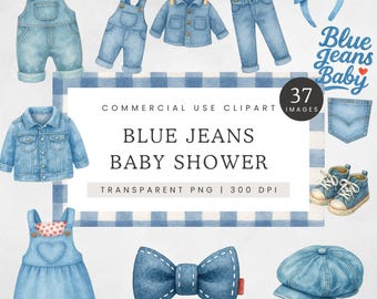 Blue Jean Clipart, Denim Baby Clip Art, Boy Baby Clothesline PNG, Denim Baby Shower Graphics, Blue Jeans Baby Images, Denim Baby Hair Bow