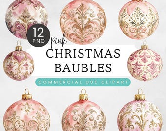 Christmas Bauble Clipart, Watercolor Ornaments PNG, Pink Cream Gold Damask Rococo, Digital Crafts Clip Art, Holiday Decor Invitations