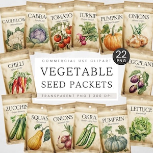 Samenpaket PNG, Gemüsesamenpaket Clipart, Vintage Scrapbooking Clip Art, Retro Gartengrafik, Cottagecore Garten Ephemera