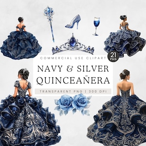 Vestido de quinceañera azul marino y plateado Clipart / Quince años / Vestido de princesa azul oscuro / Moda formal / Fiesta de cumpleaños Ropa de noche elegante