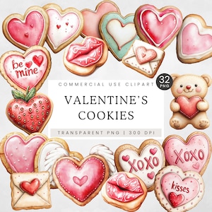 Valentine's Day Cookies Clipart, Cute Watercolor Valentine Graphics, Sweet Dessert Illustrations, Love Heart Cookies PNG, Kisses Clip Art