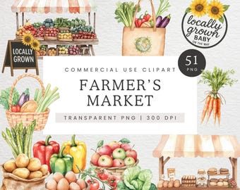 Watercolor Farmers Market Clipart, Locally Grown Clip Art, Farmers Market Stand PNG, Fruit & Vegetable Graphics, Flower Stall and Tote Bag
