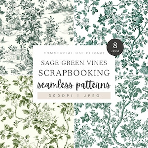 Sage Green Toile De Jouy Digital Paper, Seamless Vintage Floral Patterns, Chinoiserie Style Design, French Green and White Vines Backgrounds