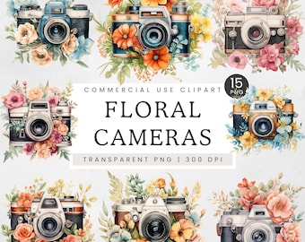 Watercolor Floral Camera Clipart, Retro Vintage Photo Camera Clip Art, Flowers PNG, Scrapbook, Junk Journal, Shabby Chic Sublimation Design