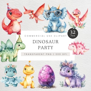 Dino Girl Party Clipart, Dino Birthday Boy Clip Art, Regenbogen Dinosaurier PNG, niedliche Aquarell Dinosaurier Grafiken, Geburtstagseinladungsbilder