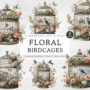 Watercolor Birdcage Clipart, Shabby Chic Clip Art, Floral Victorian Junk Journal PNG, Flowers, Birds, Antique Bird Cage Digital Image