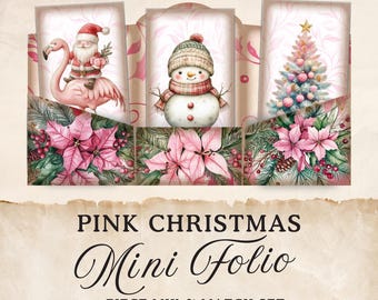 Pink Christmas Junk Journal Folio Kits | 5 Piece Trifold Folio and Ephemera | Printable Paper Craft | Collage Sheet | 8.5 x 11 | JJ010