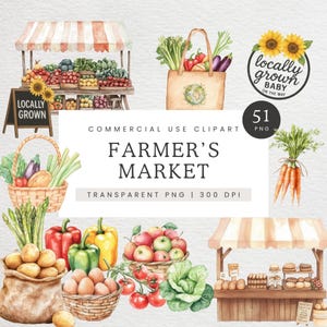 Clipart acquerello del mercato agricolo, clipart di prodotti locali, PNG del banco del mercato agricolo, grafica di frutta e verdura, bancarella di fiori e borsa tote