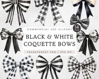 Black and White Bows Clipart, Watercolor Coquette Style PNG, Preppy Grandmillennial Chic Clip Art, Cute Silk Ribbon, Lace Gift Wrap, Nursery