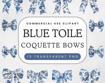 Blue Toile Bow Clipart | Vintage French Toile De Juoy | Coquette Bows PNG | Boy Baby Shower Ribbons | Commercial Use Clip Art