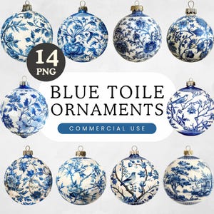 Clipart świątecznych ozdób Toile | Niebieskie i białe bombki Chinoiserie | Święta w sezonie zimowym | Wzór Toile de Jouy | Uroczystości