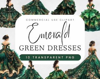 Emerald Green Quinceañera Dress Clipart | Hunter Green Princess Gown Clipart | Formal Fashion | Birthday Party Elegant Eveningwear