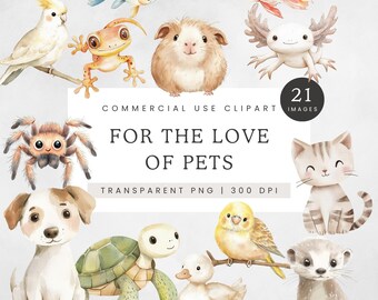 Cute Pet Watercolor Clipart, Pet Animals PNG, Dog Cat Guinea Pig Axolotl Bird Fish Turtle Gecko Graphics