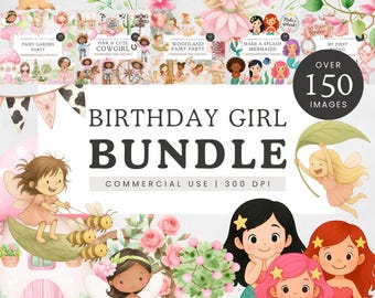 Birthday Girl Clipart Bundle, Fairy Party, Cowgirl Birthday, Mermaid Clipart, Pink and Cute Party Graphics for Girls