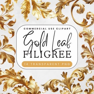 Gouden filigraan clipart | Bladgoud botanisch bloeit | Ontwerpelementen digitale download | Transparant png-bestand | Decoratief kader of rand