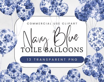 Navy Toile Balloons Clipart Pack | Baby Shower Toile de Juoy PNG | Party Invitations & Gender Reveals | Commercial Use