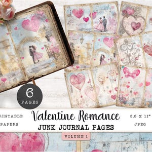 Valentinstag Junk Journal Seiten | 6 Druckbares Digitales Papier | Blumen Collage Blatt | Druckbare Ephemera | Papiermodelle | 11x22 cm | JJPVR