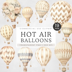 Watercolor Hot Air Balloon Clipart, Gender Neutral Nursery Wall Decor PNG, Beige Hot Air Balloons Clip Art, Patterned Balloons Illustration