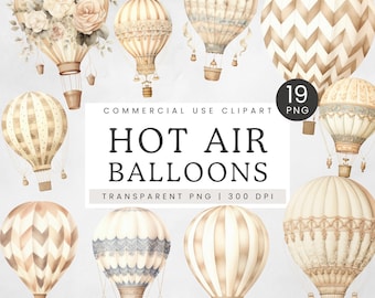 Clipart di mongolfiere ad acquerello, decorazione da parete per cameretta dei bambini senza genere, clipart di mongolfiere beige, illustrazione di palloncini a fantasia