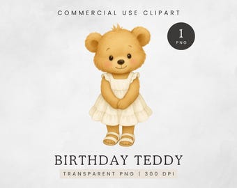 Clipart de oso de peluche de cumpleaños, lindo oso de juguete con vestido vintage PNG, gráfico de oso femenino para guardería, dulce clip art de osito bebé