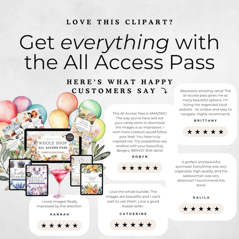 a variety of products, including books, a cocktail glass, and balloons, arranged in a visually appealing manner. The products are described as "lovely images!" and "beautiful," indicating that they are well-designed and visually appealing. The image also includes customer reviews, which are described as "amazing" and "brilliant," suggesting that the products are highly recommended and well-received by customers.