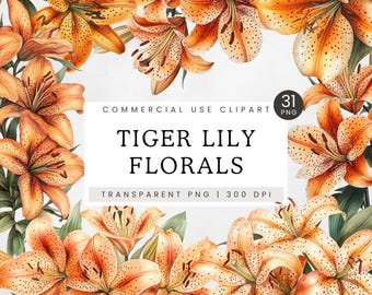 Tiger Lilies Clipart, Watercolor Flowers Vintage Style Illustration Clip Art, Wedding Floral PNG, Wreath, Bouquets, Borders, Commercial Use