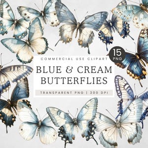 Clipart farfalla blu, farfalle blu e crema acquerello PNG, clip art farfalla, illustrazione grafica farfalla pastello