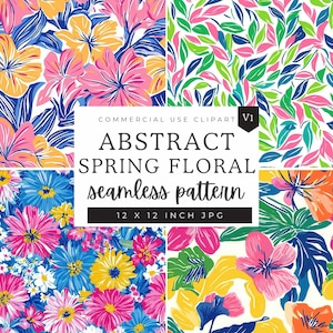 Preppy Floral Digital Paper, Abstract Bright Floral Seamless Patterns, Scrapbooking Paper Decoupage Ephemera, Digital Printable 12 inch