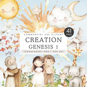 Pacchetto di clipart della Bibbia ad acquerello, creazione di Adamo in formato PNG, clip art della storia della Bibbia dell'Antico Testamento, grafica della Genesi 1, graziose illustrazioni cristiane