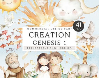 Watercolor Bible Clipart Bundle, Creation of Adam PNG, Old Testament Bible Story Clip Art, Genesis 1 Graphics, Cute Christian Illustrations