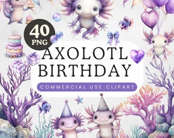 Axolotl födelsedag PNG | Akvarell Clipart-paket | Barnkammardekor | Sublimeringsgrafik | Söta djurillustrationer | Lila tjejfest