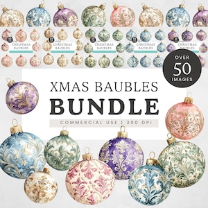 Christmas Bauble Clipart, Watercolor Ornaments PNG, Pink Beige Sage Gold Damask Rococo, Digital Crafts Clip Art, Holiday Decor Invitations