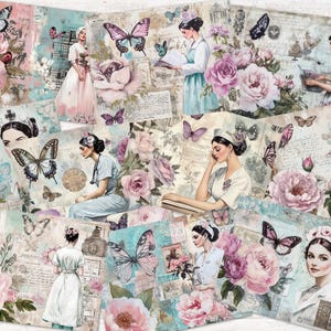 Krankenschwester Junk Journal, Digitale Papiere, 10 druckbare Seiten, Lila Blumen Collage Sheet, Vintage Papier Handwerk 11 x 8,5 JJPHB Bild 3