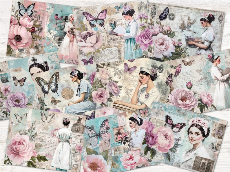 Krankenschwester Junk Journal, Digitale Papiere, 10 druckbare Seiten, Lila Blumen Collage Sheet, Vintage Papier Handwerk 11 x 8,5 JJPHB Bild 3