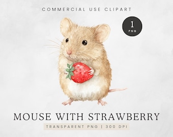 Mouse with Strawberry Clipart, Cute Mouse PNG, Silly Cartoon Animal Clip Art, Commercial Use, Small Size, 5+ Inch 300DPI