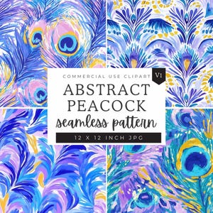 Peacock Digital Papers, Abstract Preppy Peacock Feather Seamless Patterns, Scrapbooking Paper Decoupage Ephemera, Royal Printable 12 x 12 in