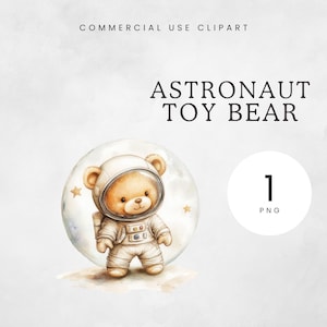 Orso sulla Luna PNG, Clipart di Astronauta Teddy, Clip Art per Baby Shower, Grafica neutra di orso, Orso acquerello carino, Arte per bambini con avventure spaziali