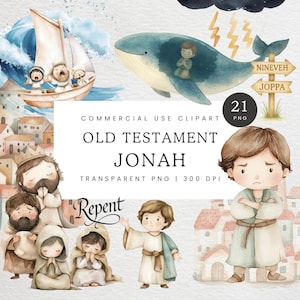 Jona und der Wal PNG, Bibelgeschichte Clipart, Buch Jona Clip Art, Altes Testament Clipart, Aquarell Biblische Figur Grafiken