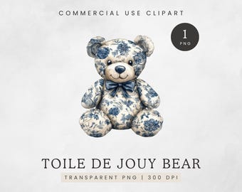 Blue Toile De Jouy Bear Clip Art, Chinoiserie Pattern Bear Clipart, Nursery Teddy PNG, Its a Boy Images, Cute Watercolor Vintage Teddy Bear