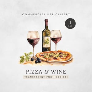 Pizza und Wein Clip Art, Aquarell Romantisches Abendessen PNG, Italienisches Essen Clipart, Mediterrane Wein und Speisen Grafik, Verabredung Nacht PNG